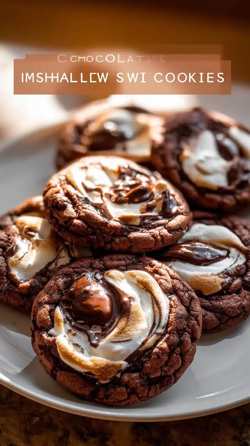 Delicious chocolate marshmallow swirl cookies on a plate, featuring a fudgy texture.
