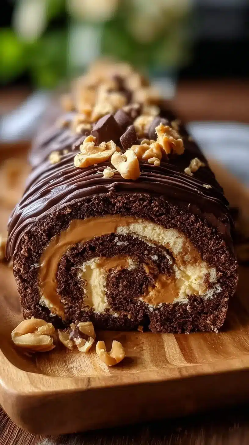 Delicious Chocolate Peanut Butter Cake Roulade garnished with chocolate drizzle and peanuts.