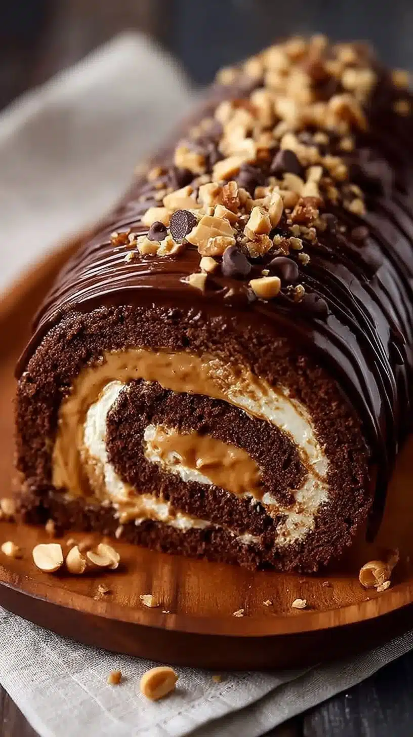 Chocolate Peanut Butter Cake Roulade with drizzled chocolate and peanut butter icing