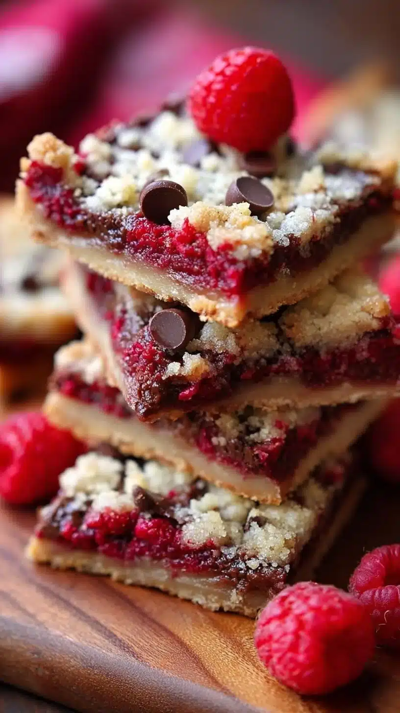 Delicious Chocolate Raspberry Crumb Bars with a crumbly topping and rich filling