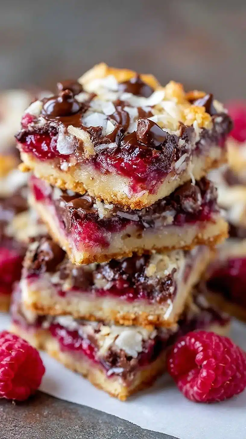 Delicious Chocolate Raspberry Magic Bars with chocolate and raspberry layers