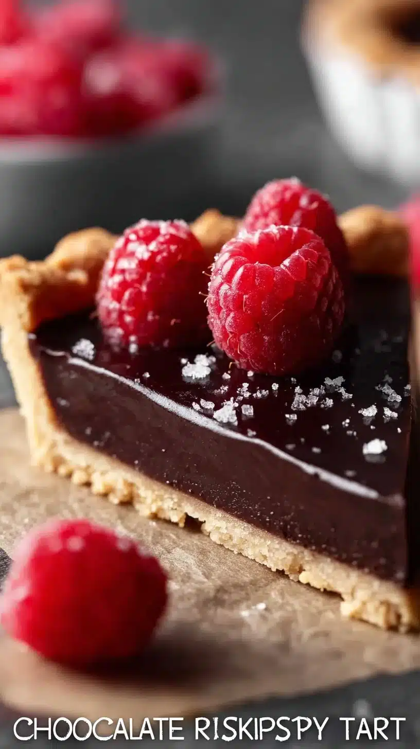 Delicious Chocolate Raspberry Tart with fresh raspberries on a plate