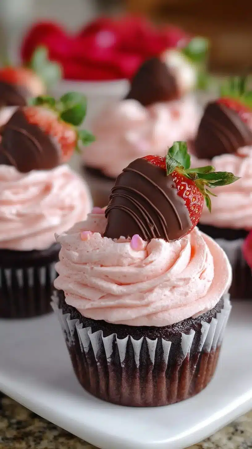 Delicious chocolate strawberry cupcakes topped with fresh strawberries and chocolate frosting.