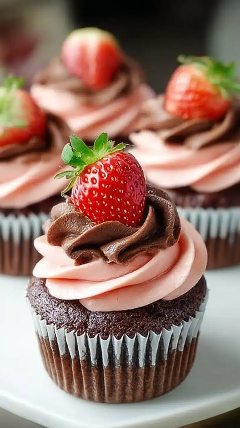 Chocolate strawberry cupcakes topped with fresh strawberries and chocolate frosting