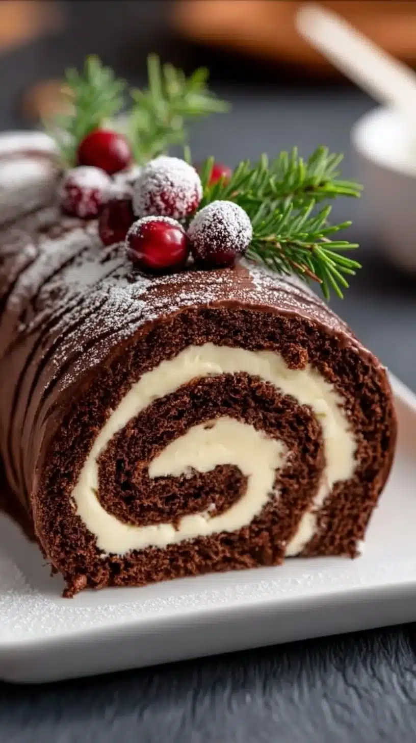 Delicious chocolate Yule log cake decorated for Christmas