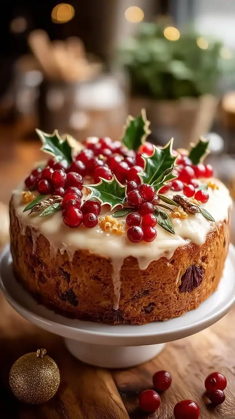 Delicious Christmas cake decorated with festive toppings and holiday colors.