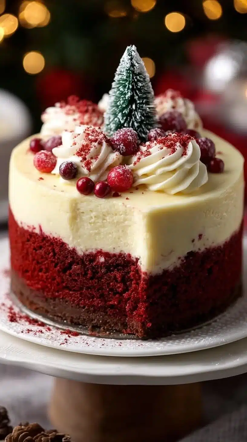 Festive Christmas Red Velvet Cheesecake topped with cream cheese frosting