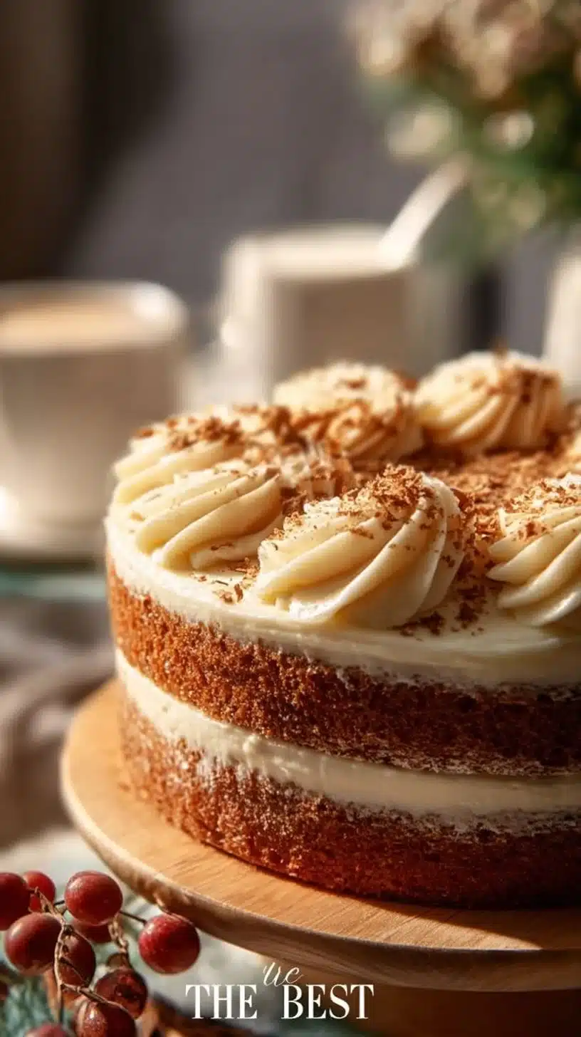 Delicious Christmas Spice Cake topped with creamy eggnog buttercream frosting