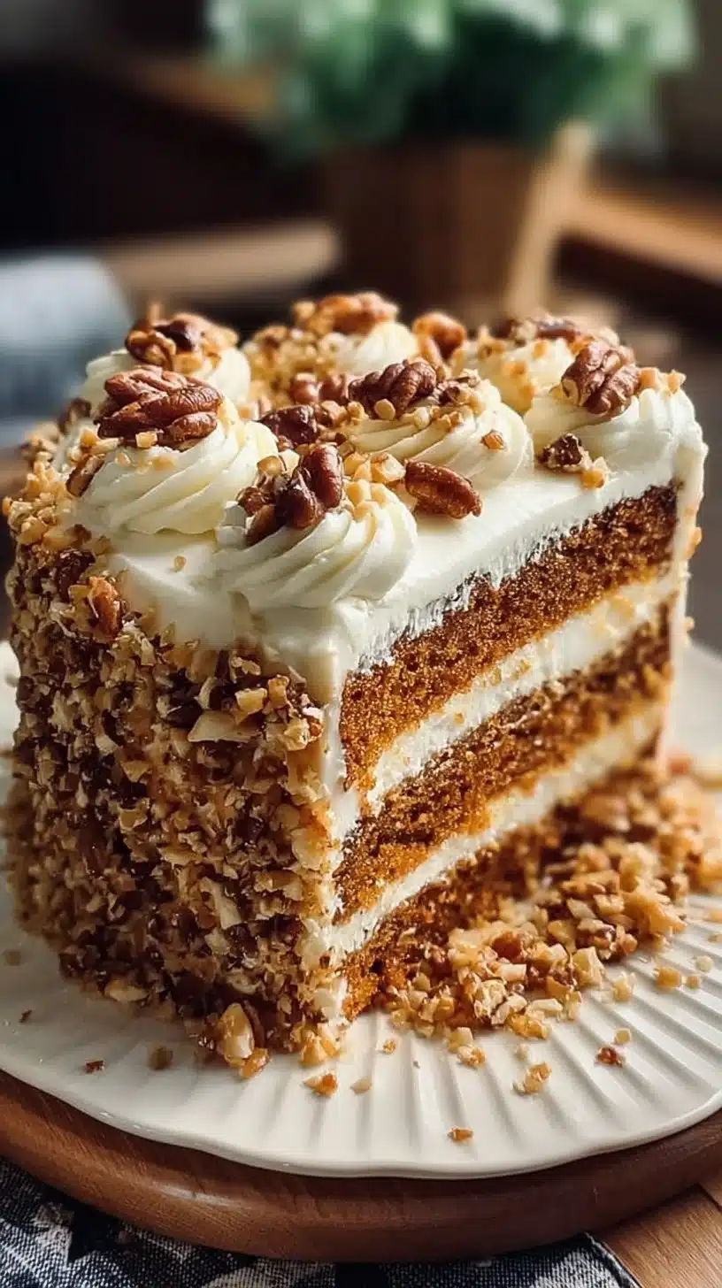 Slice of Christmas Toffee Crunch Cake topped with toffee bits and festive decorations