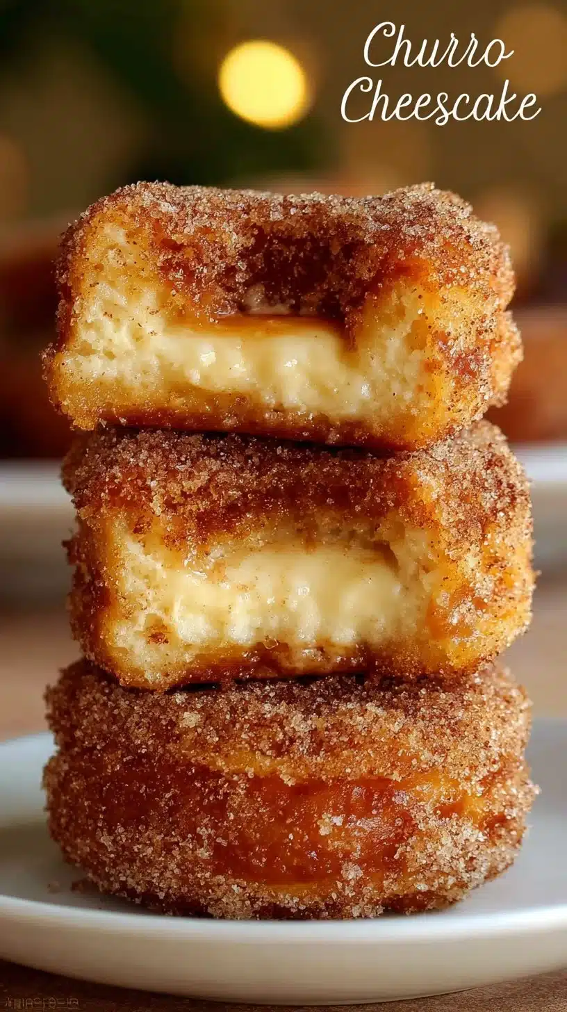 Delicious churro cheesecake topped with cinnamon and caramel sauce