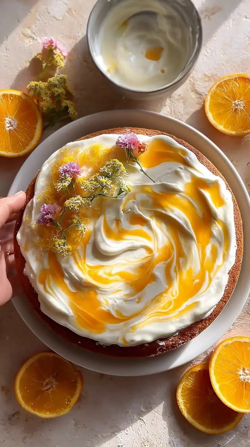 Citrus Olive Oil Cake topped with citrus cream, showcasing its vibrant flavors.