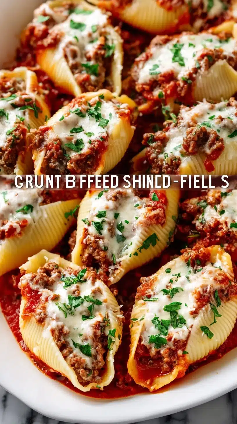 Delicious classic ground beef stuffed shells baked to perfection
