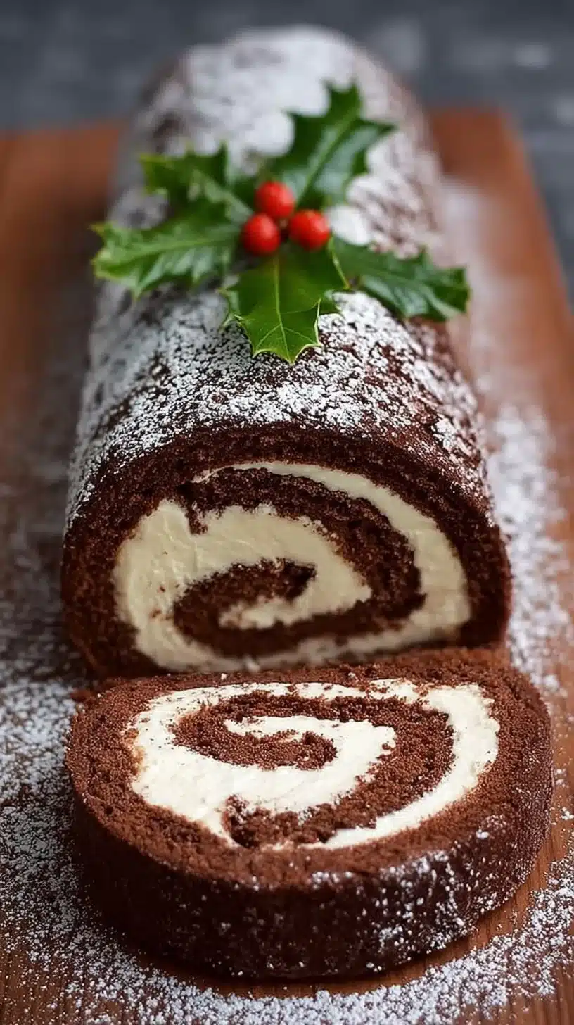 Classic Yule Log Cake decorated for Christmas with chocolate frosting and festive accents.