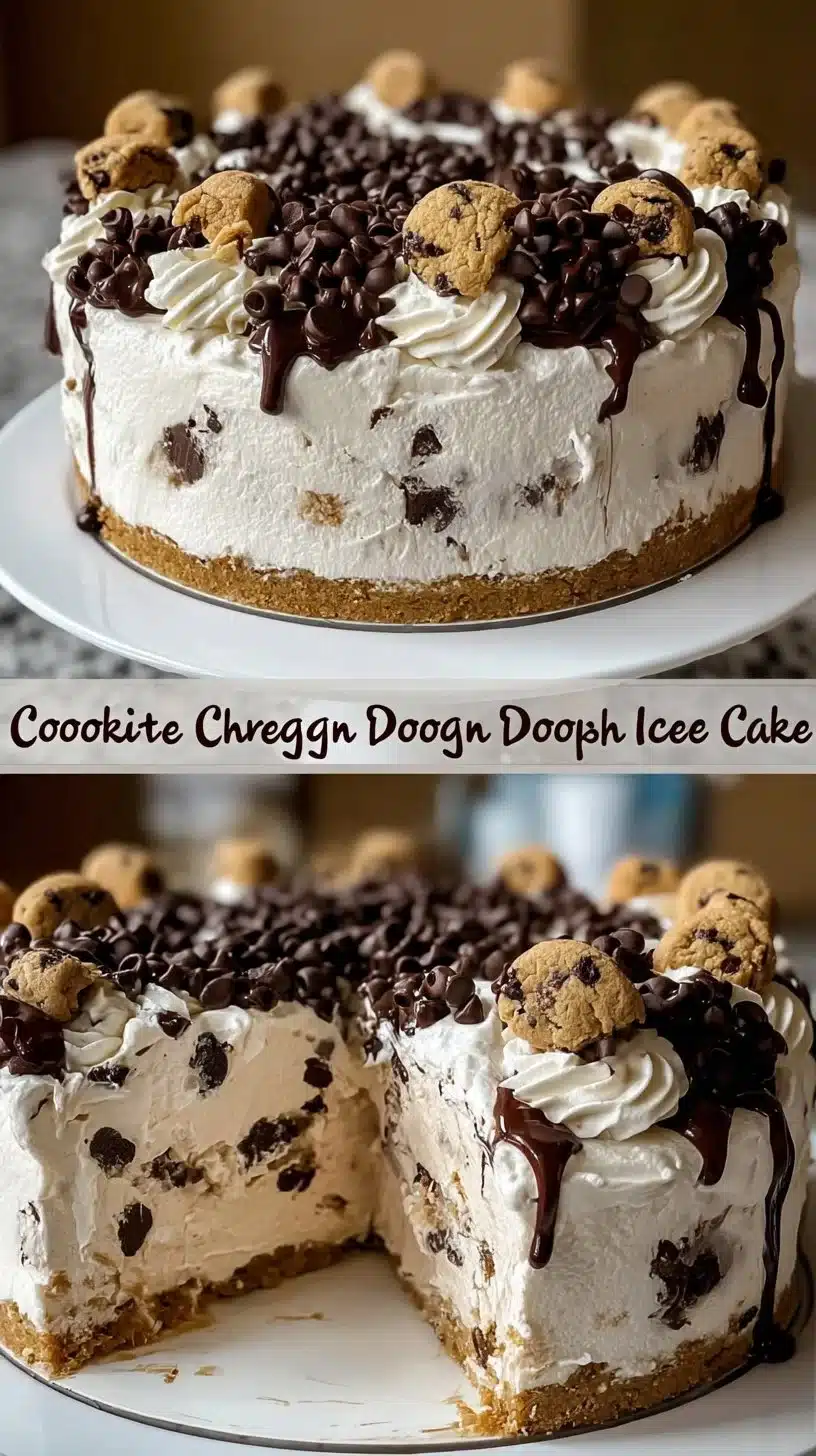 Delicious Cookie Dough Ice Cream Cake with layers of cookie dough and ice cream