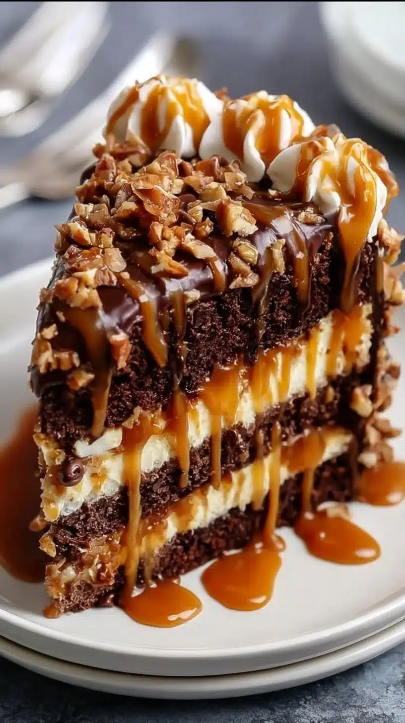 Creamy chocolate caramel toffee crunch cake with rich layers and toppings