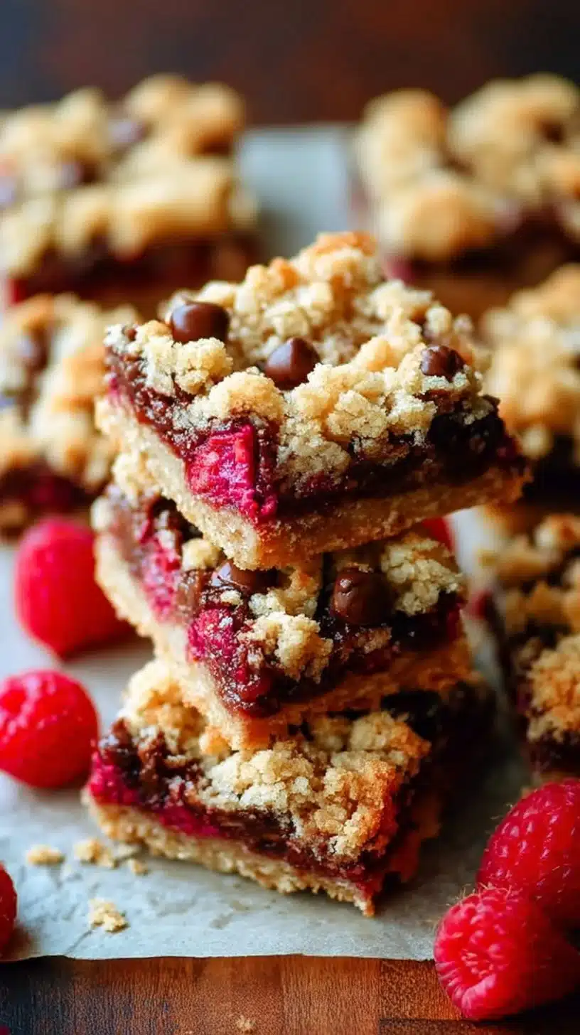 Dark chocolate raspberry oatmeal crumb bars on a white plate