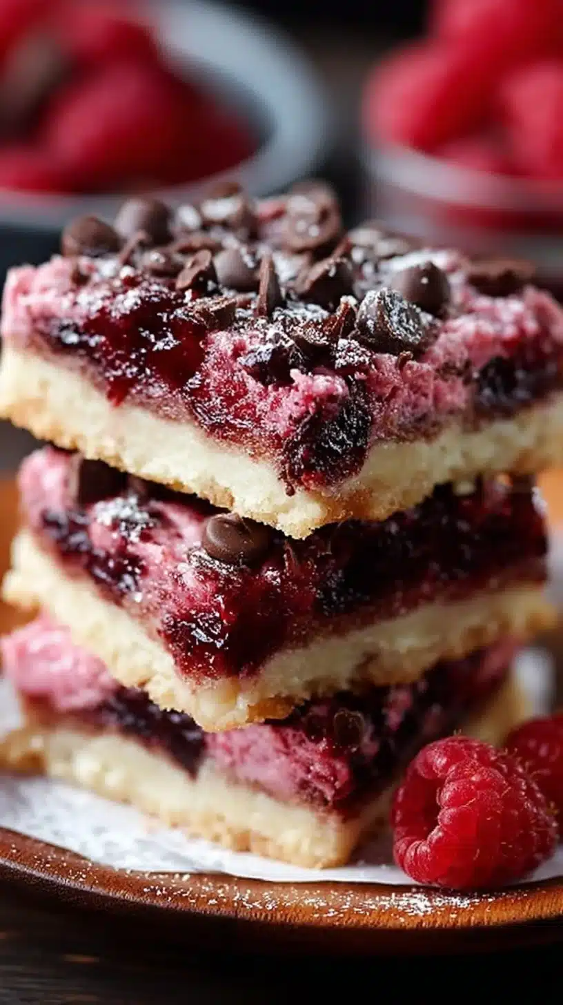 Dark chocolate raspberry pie bars showcasing layers of rich chocolate and raspberries.