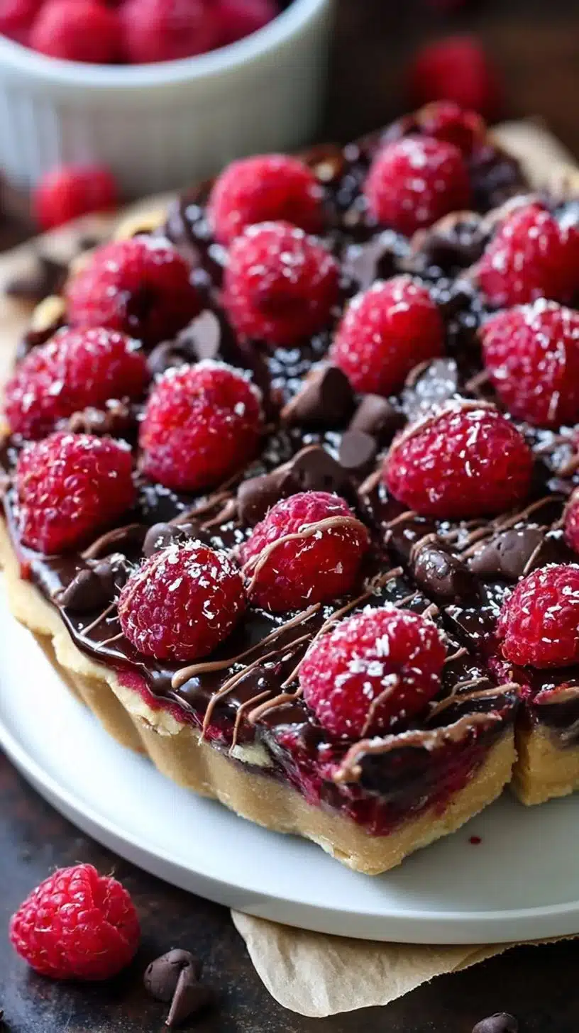 Dark chocolate raspberry pie bars with a crumbly crust and vibrant filling.