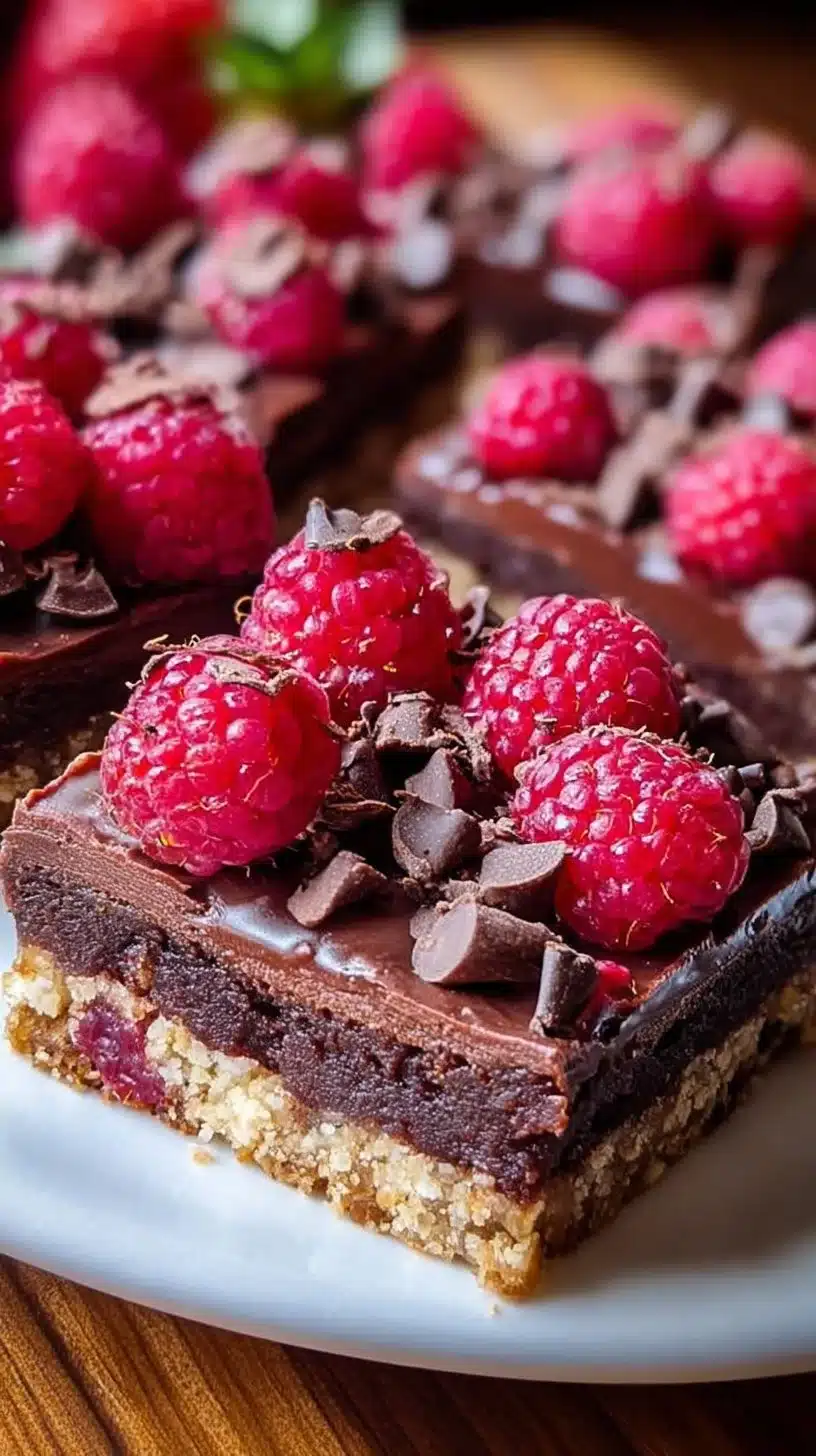 Delicious dark chocolate raspberry pie bars on a rustic wooden table.