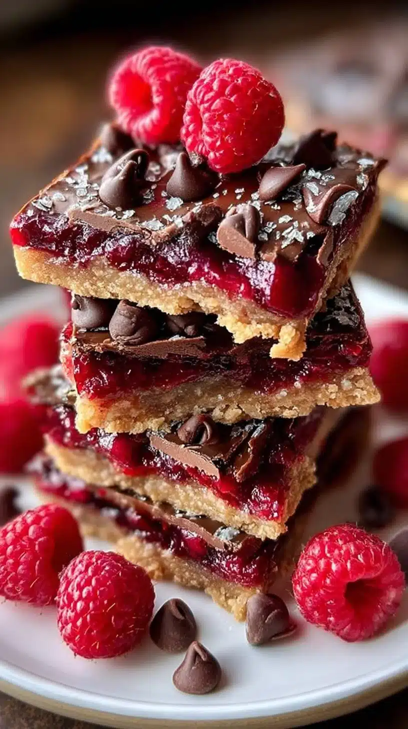 Dark Chocolate Raspberry Pie Bars with a rich chocolate crust and raspberry filling