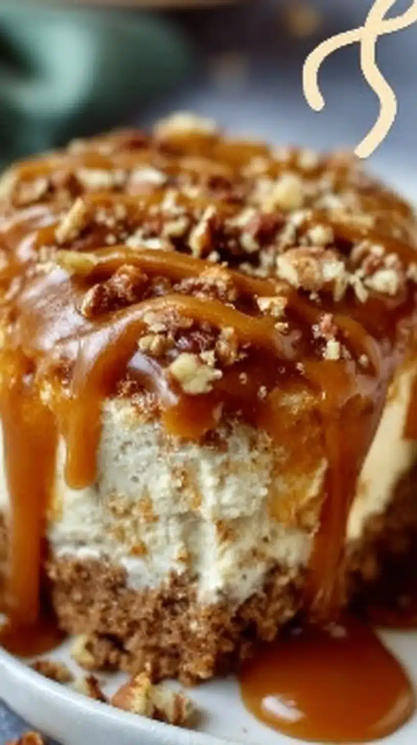 Delicious slice of Caramel Crunch Cake with drizzled caramel and crunchy topping.