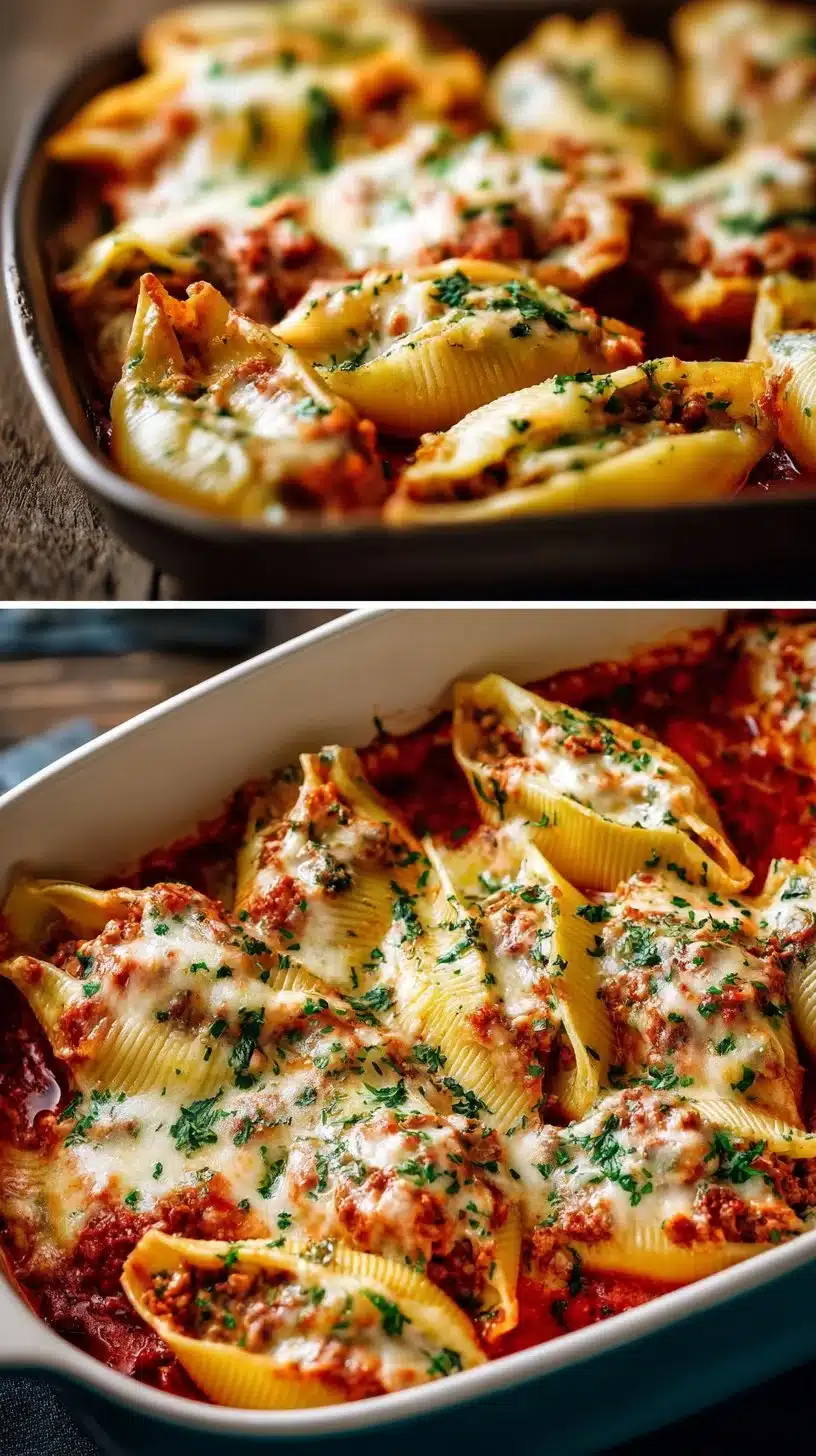 A plate of easy beef stuffed shells topped with cheese and herbs