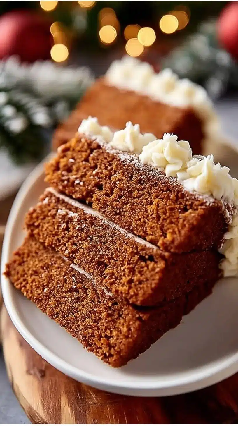 Decadent Easy Christmas Gingerbread Cake topped with festive decorations