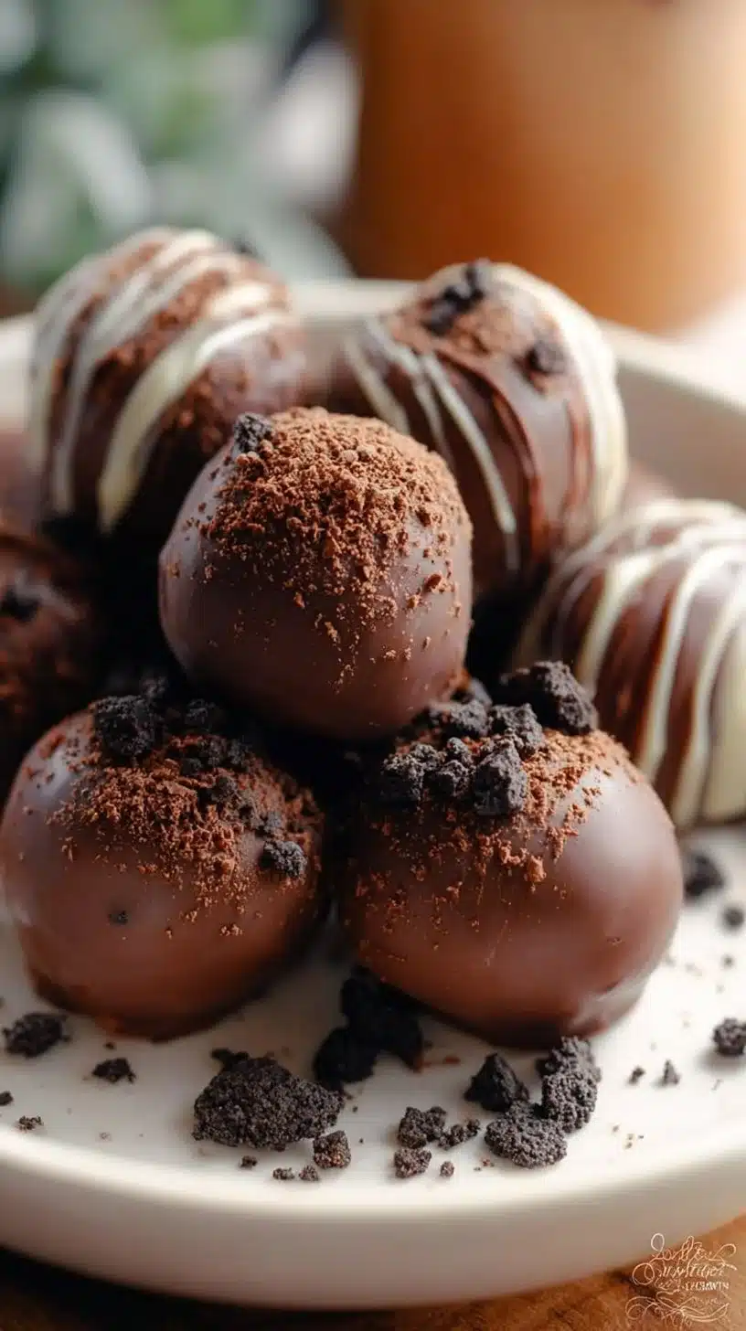 Delicious homemade Oreo truffles on a white plate