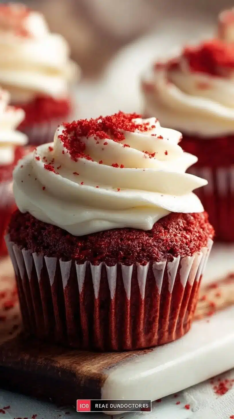 Fluffy red velvet cupcakes with cream cheese frosting on a white plate