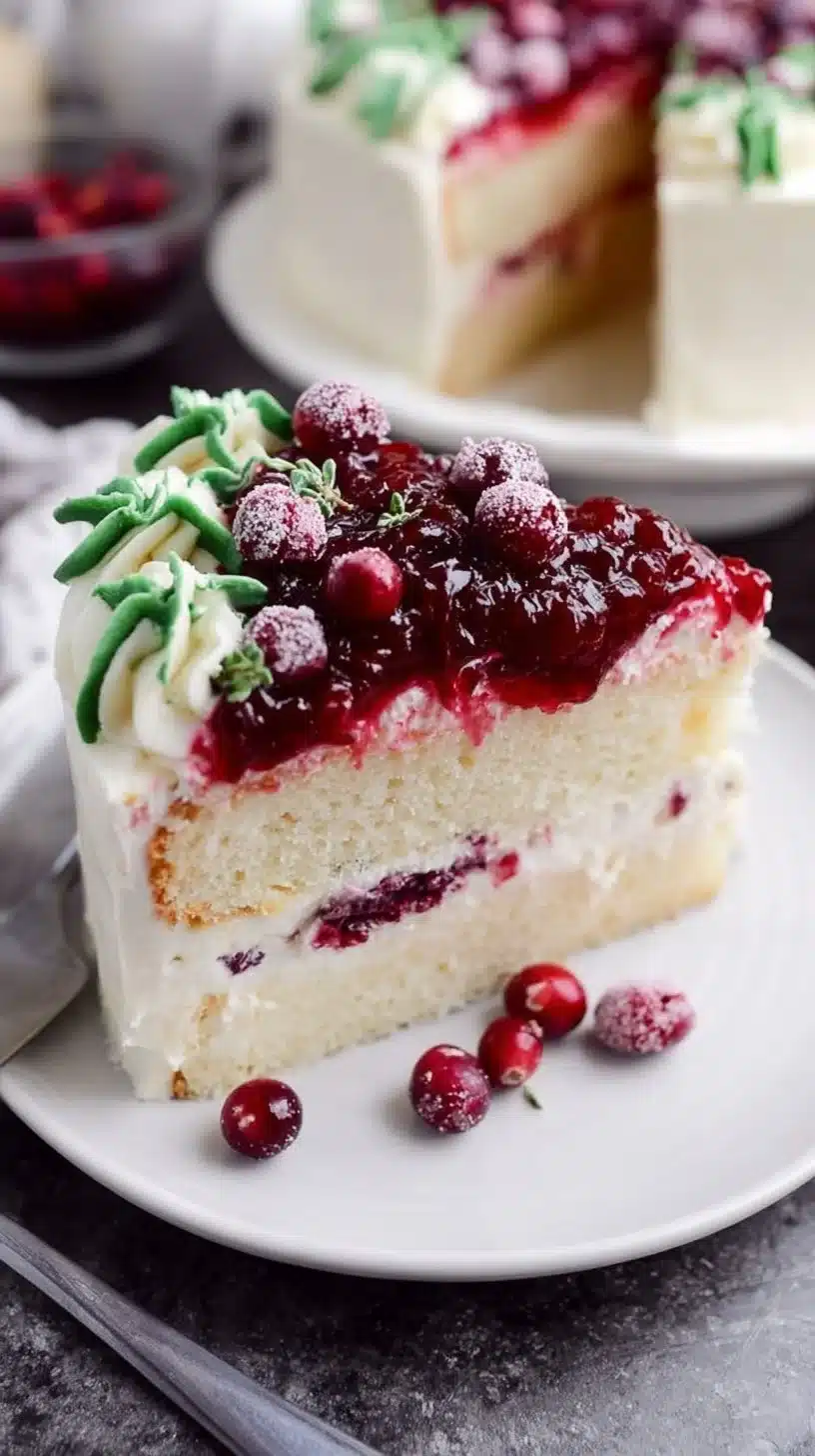 Fluffy white chocolate cake served with cranberry orange compote