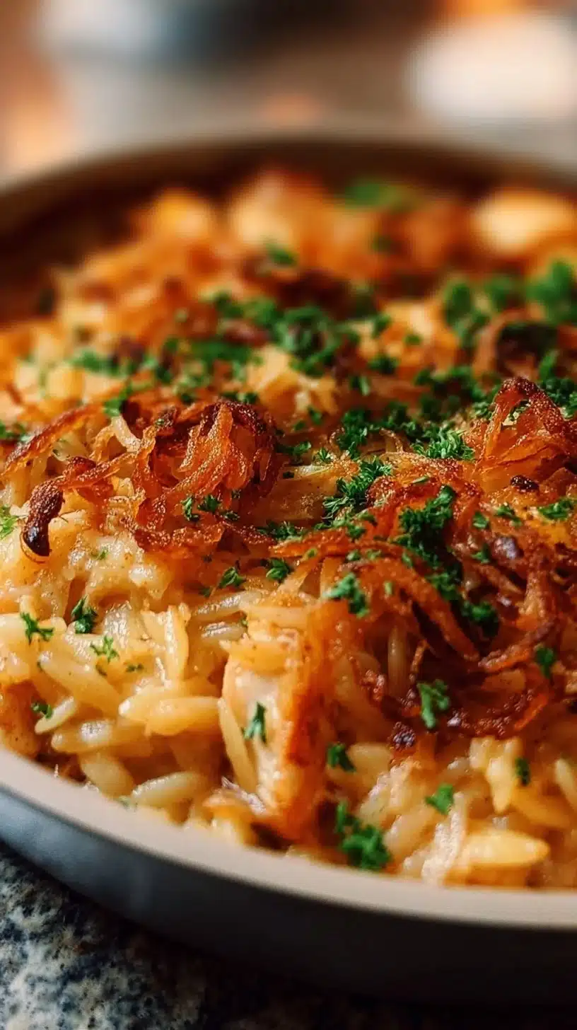 French Onion Chicken Orzo Casserole topped with melted cheese and herbs