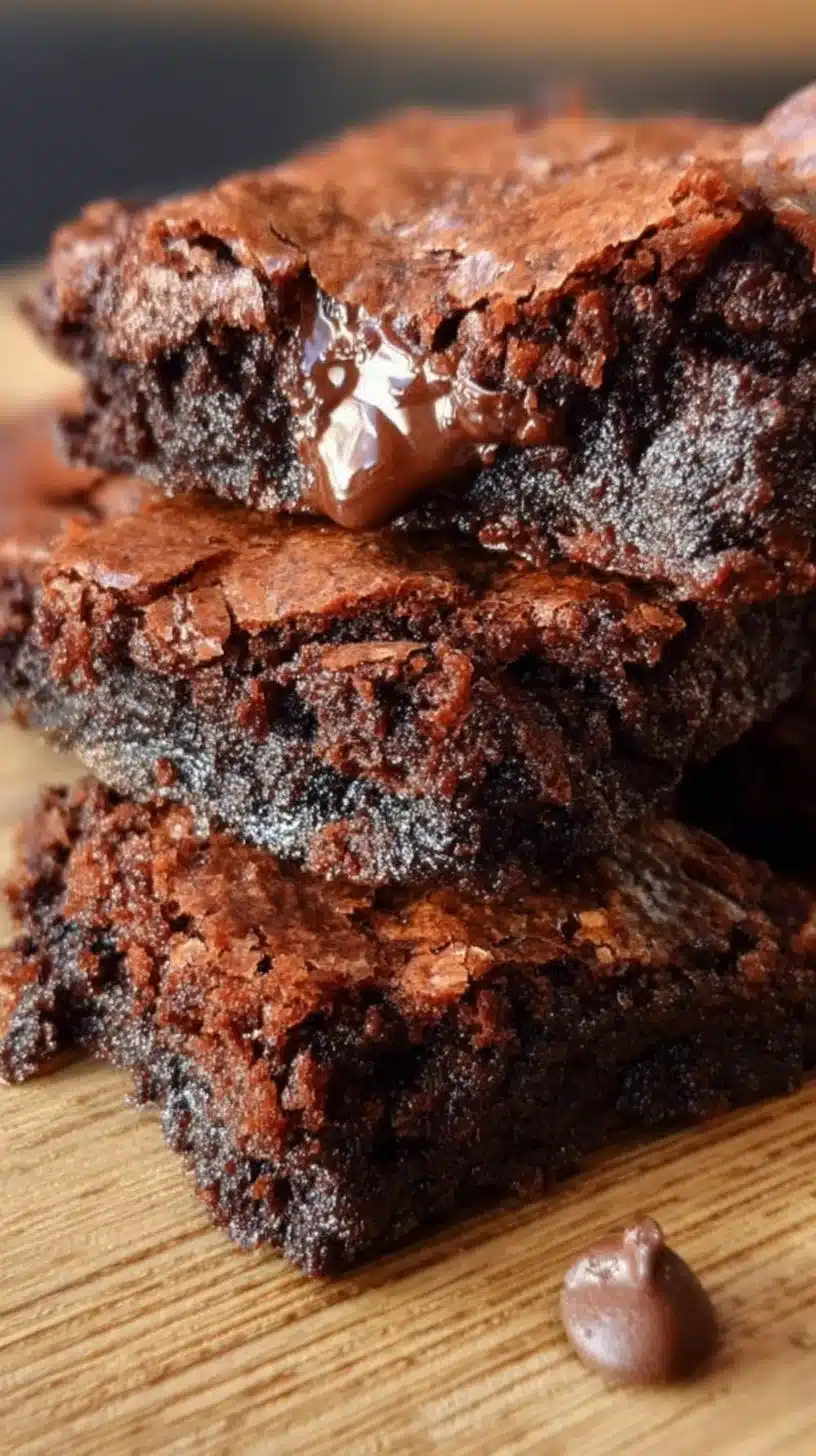Delicious fudgy brownies topped with chocolate drizzle on a wooden table.