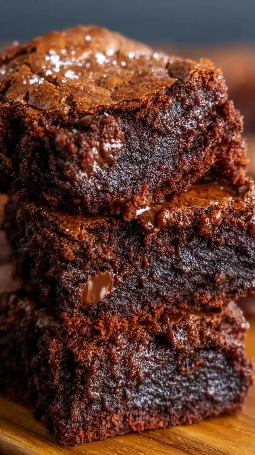 Delicious fudgy triple chocolate brownies with chocolate drizzle and nuts