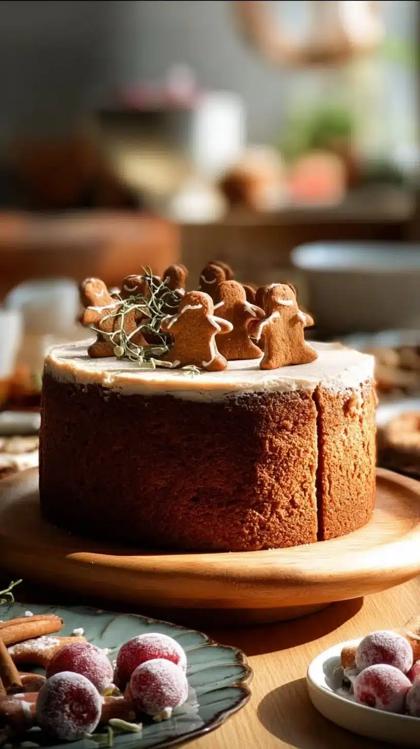 Delicious slice of gingerbread cake with creamy frosting and festive decorations
