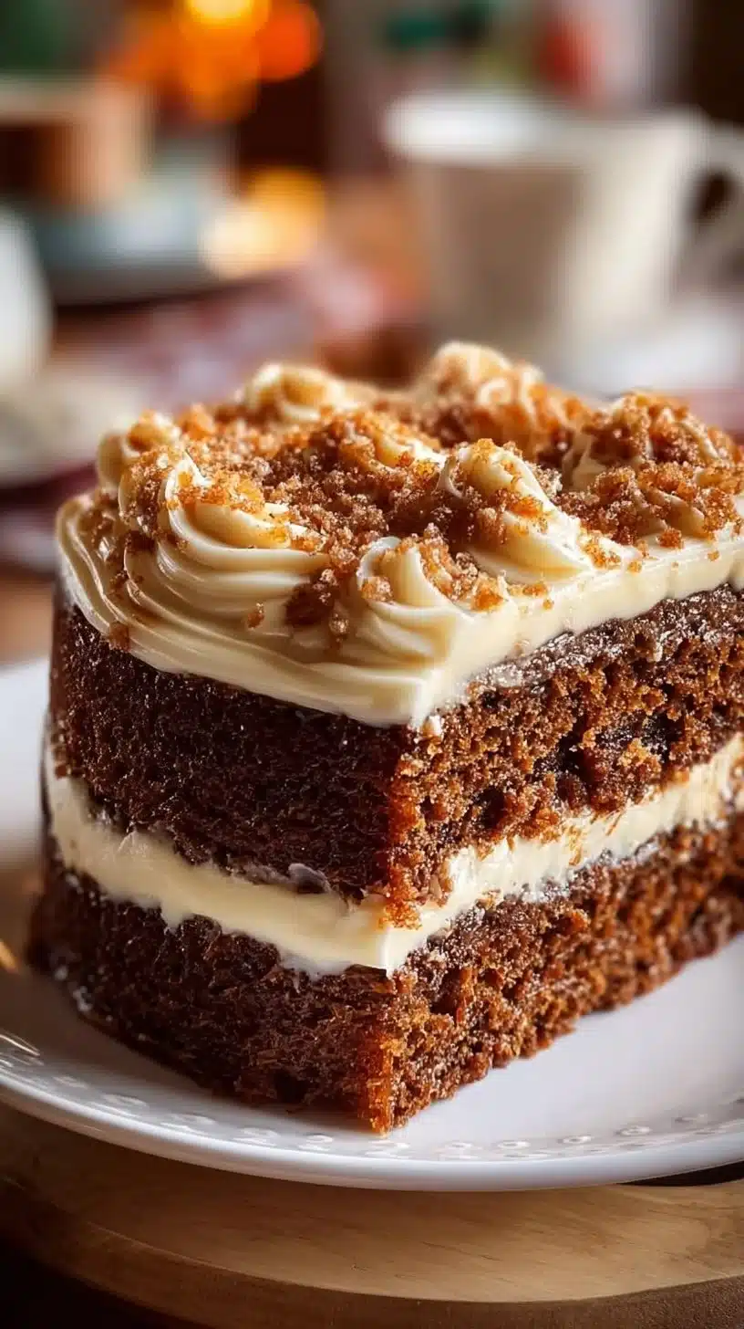 Gingerbread cake with cinnamon molasses frosting on a white plate