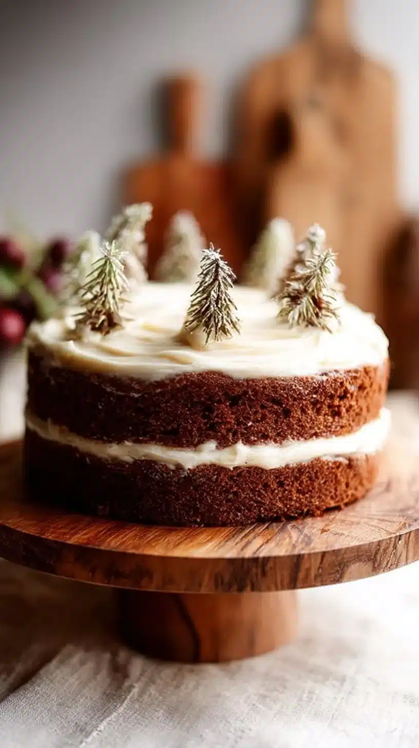 Slice of gingerbread cake with mascarpone cream cheese frosting on a plate