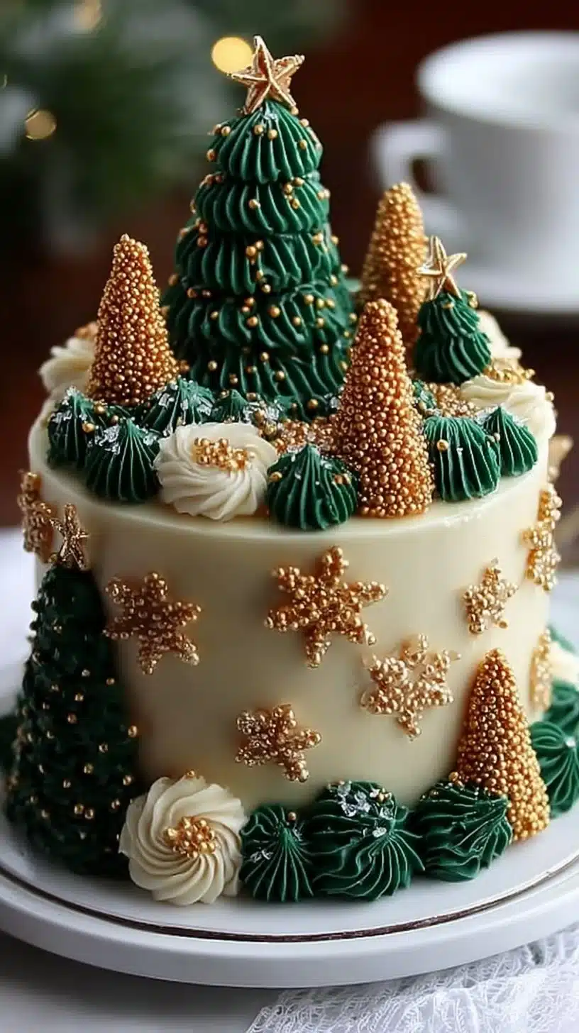 Gold and Green Christmas Trees Cake decorated for the festive season
