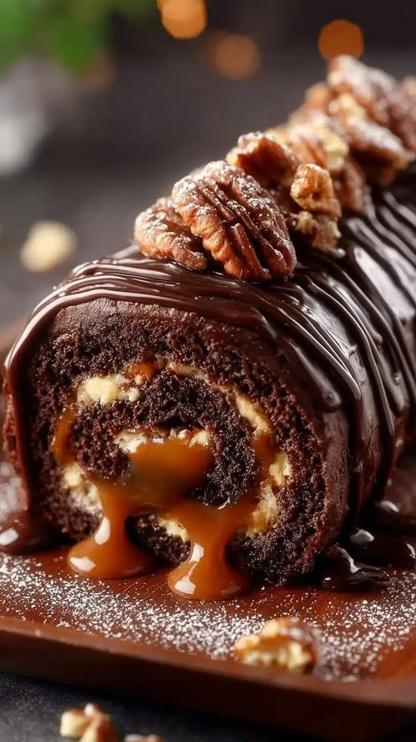 Gooey chocolate caramel turtle cake roll topped with caramel and nuts