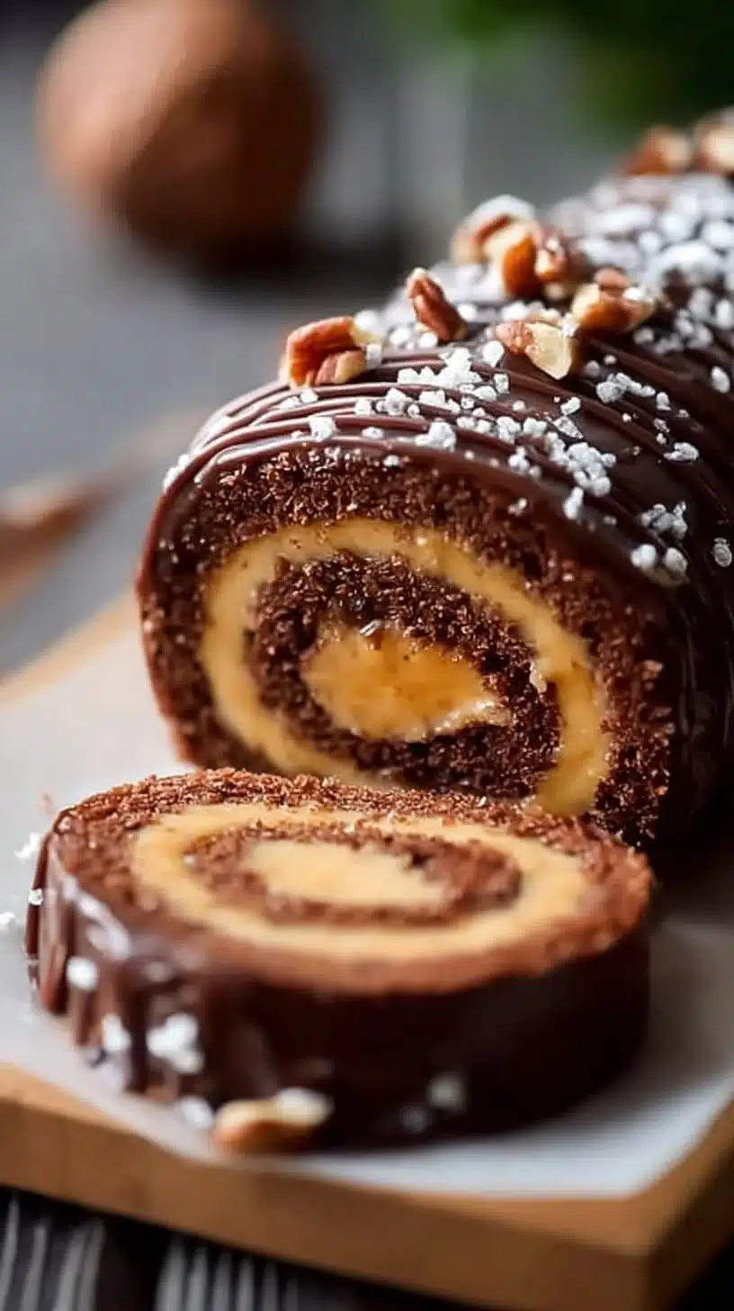 Gooey chocolate caramel turtle cake roll with pecans and chocolate drizzle