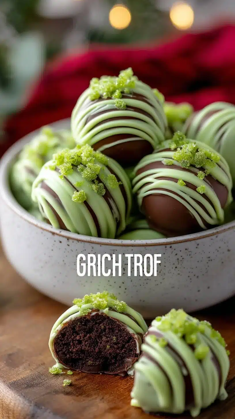Festive Grinch Oreo Truffles decorated for Christmas