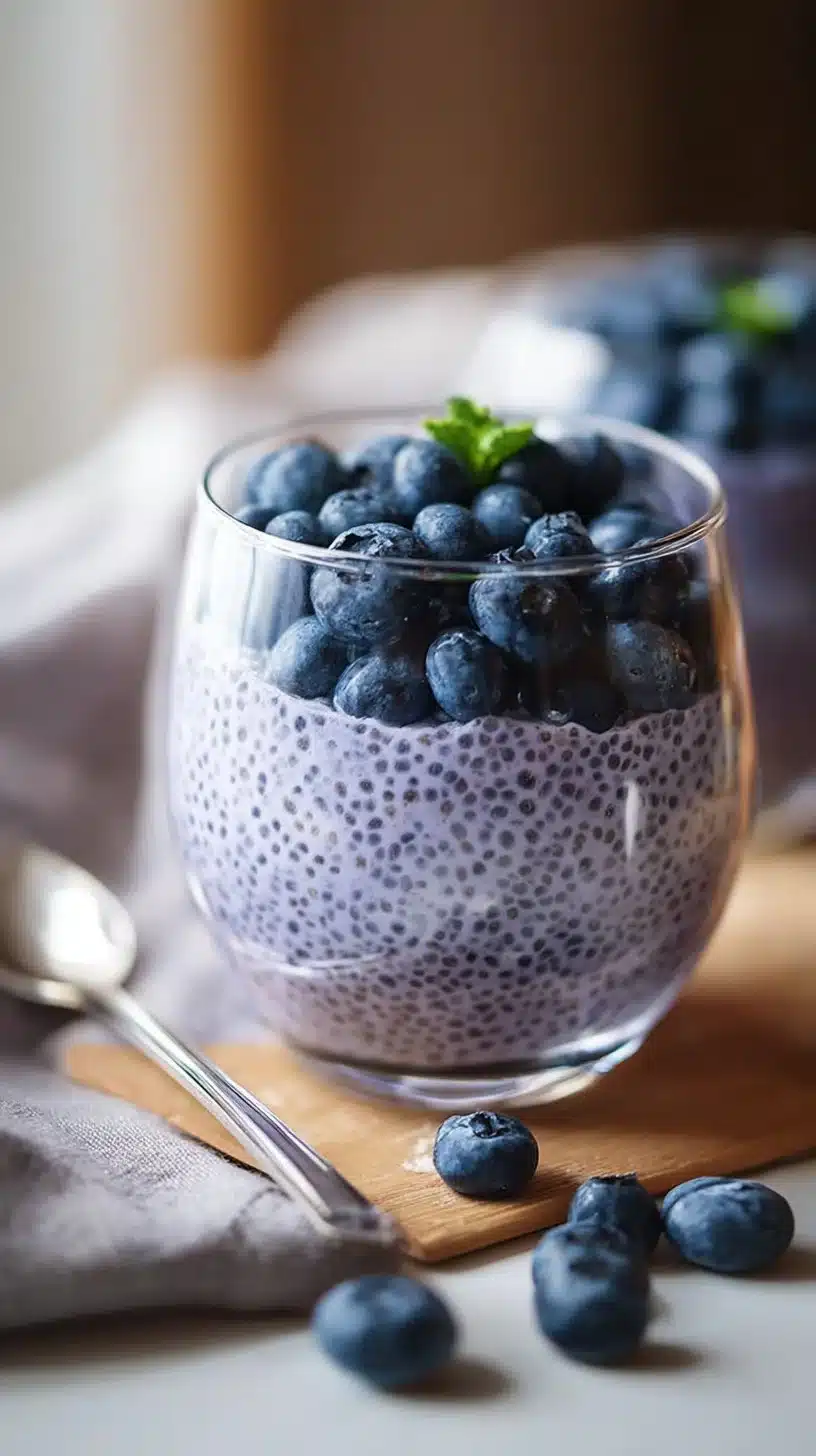Healthy blueberry chia seed pudding with fresh blueberries and chia seeds