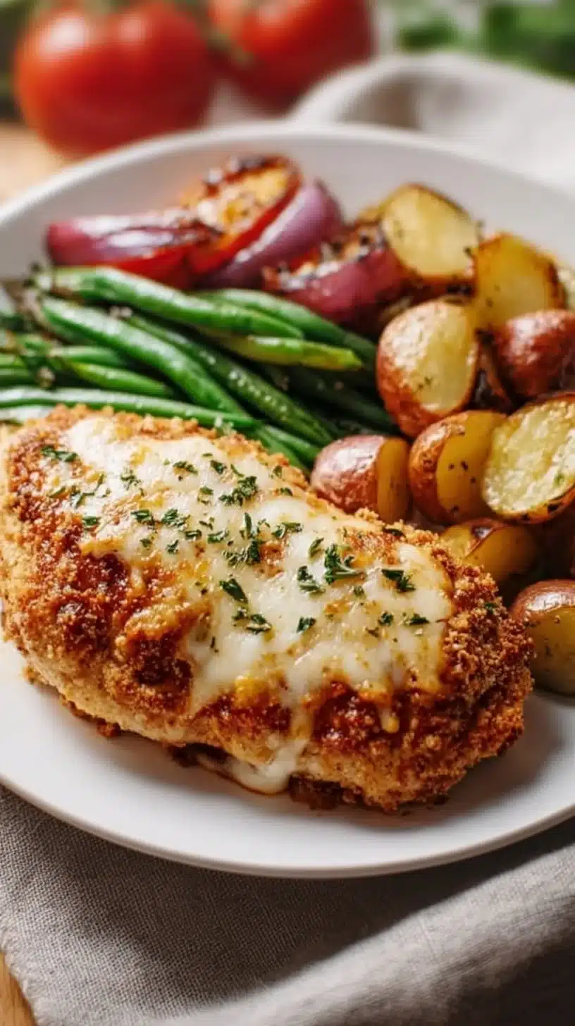Healthy chicken parmesan dish served with roasted vegetables