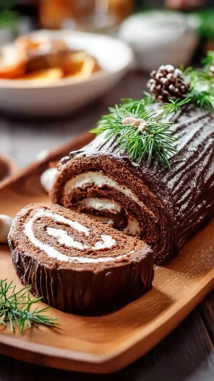 Holiday Yule Log Cake decorated with chocolate and festive accents.