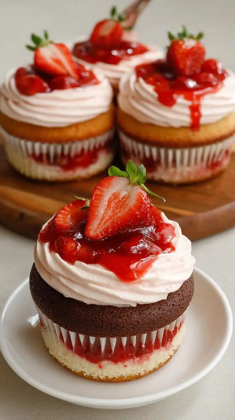 Delicious homemade strawberry cake topped with fresh strawberries
