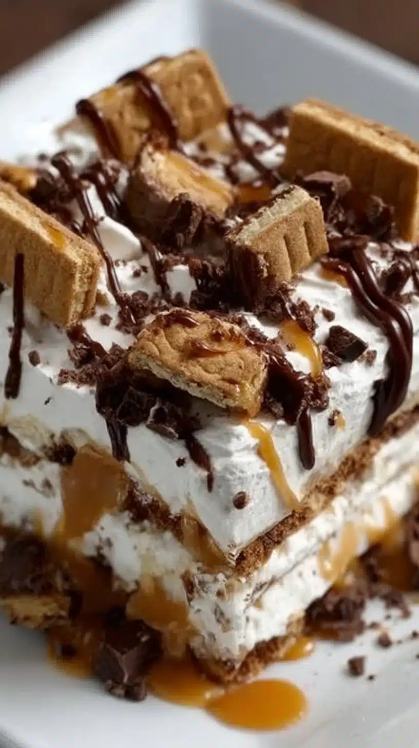 Delicious Ice Cream Sandwich Cake topped with chocolate syrup and whipped cream