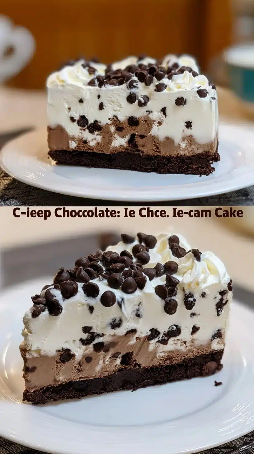 Decadent chocolate chip ice cream cake topped with creamy chocolate fudge and sprinkles.