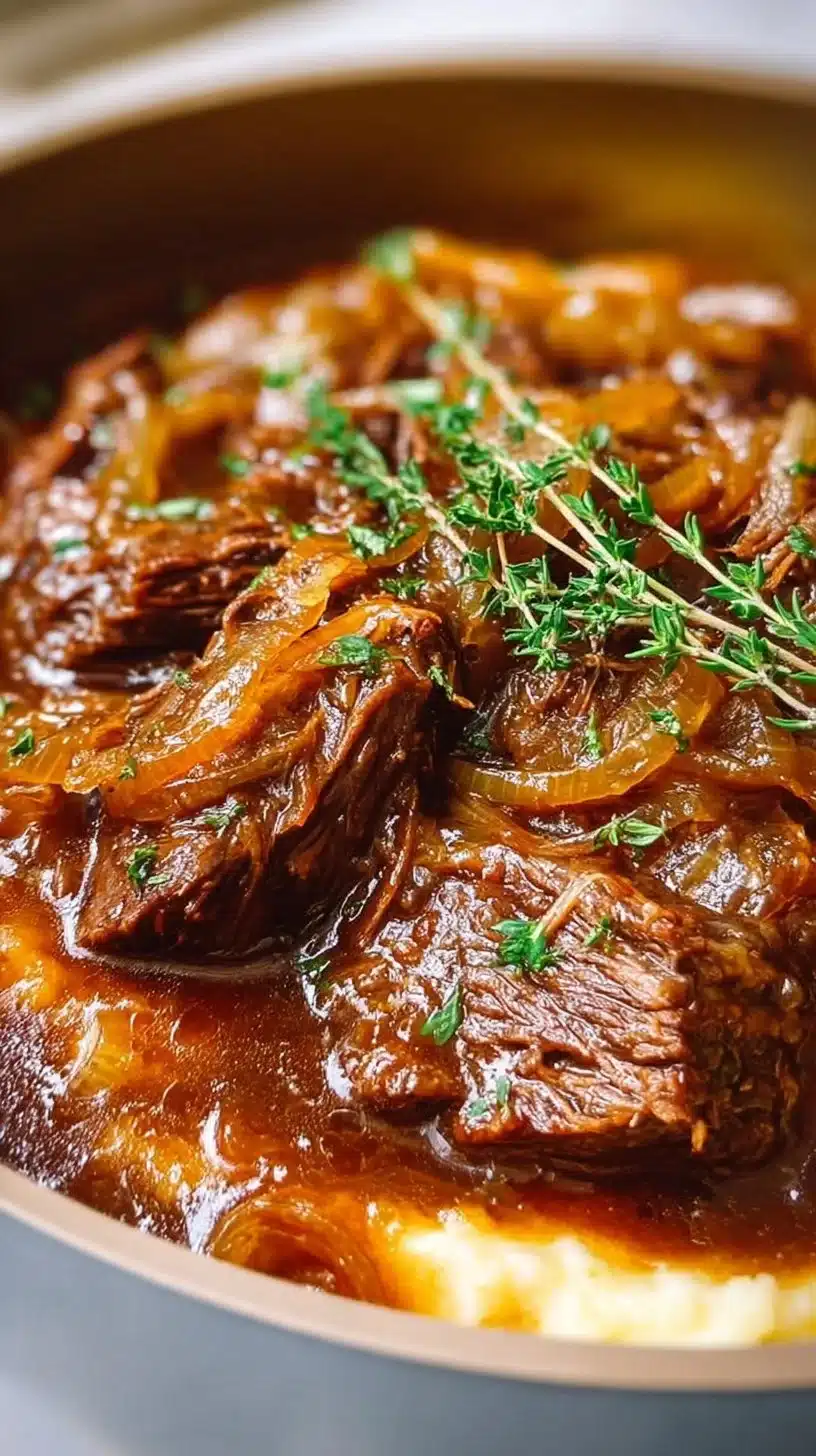 Deliciously tender French Onion Pot Roast served with onions and herbs.
