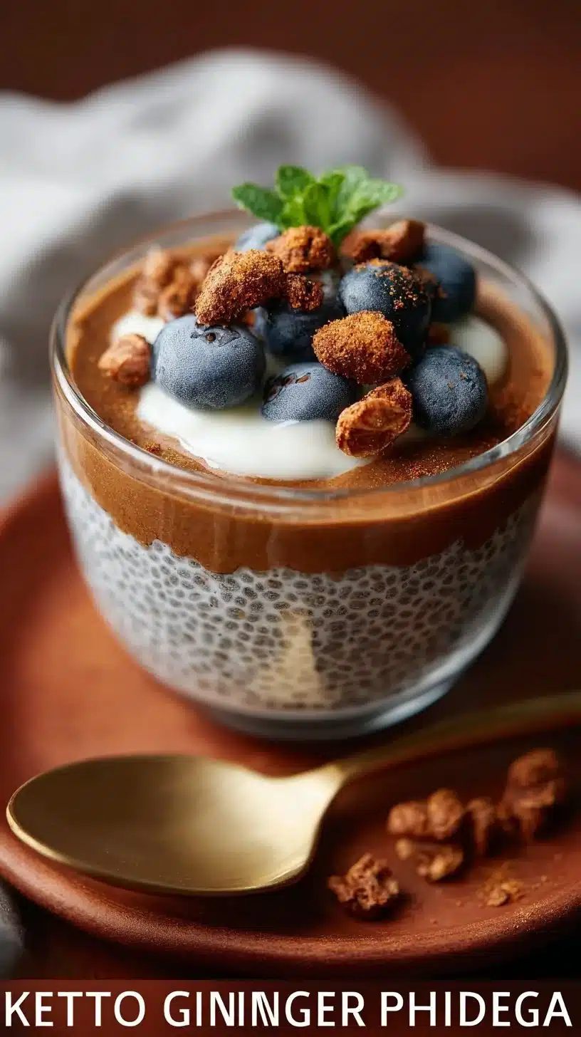 Bowl of Keto Ginger Chia Pudding topped with ginger slices and chia seeds