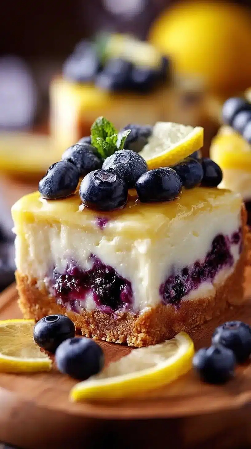 Lemon blueberry cheesecake bars served on a plate with fresh berries