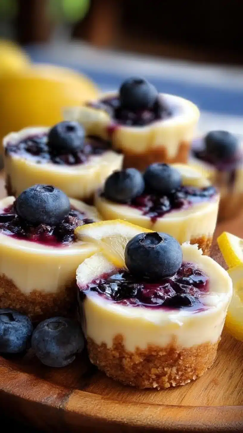 Lemon blueberry cheesecake bites on a white plate garnished with blueberries and mint.